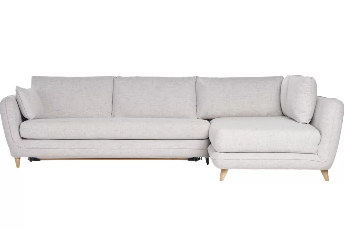 Miliboo Ecksofa mit 5 Sitzplätzen, umwandelbar, skandinavisches Design, in hellgrauem meliertem Stoff und hellem Holz CREEP