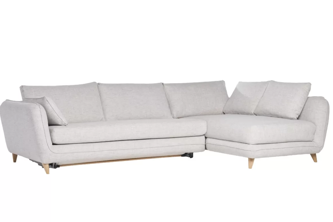 Miliboo Ecksofa mit 5 Sitzplätzen, umwandelbar, skandinavisches Design, in hellgrauem meliertem Stoff und hellem Holz CREEP