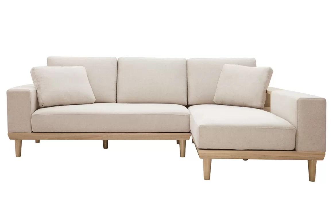 Miliboo Ecksofa rechts 5-Sitzer mit Stauraum beiger Stoff mit strukturiertem Samteffekt und helles Holz KOMAO
