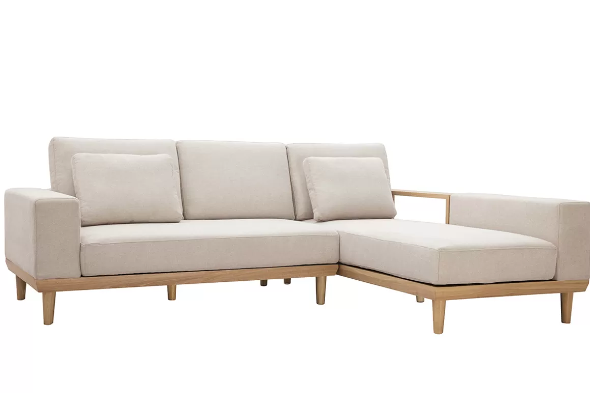 Miliboo Ecksofa rechts 5-Sitzer mit Stauraum beiger Stoff mit strukturiertem Samteffekt und helles Holz KOMAO
