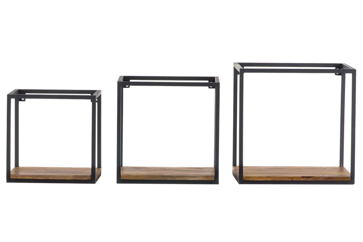 Miliboo 3er-Set quadratischer Wandregale YPSTER schwarzes Metall und Mangoholz