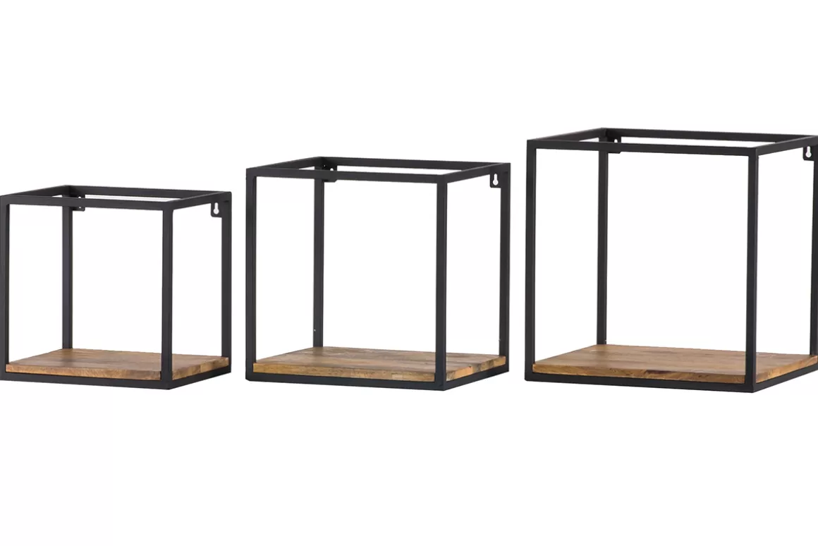 Miliboo 3er-Set quadratischer Wandregale YPSTER schwarzes Metall und Mangoholz
