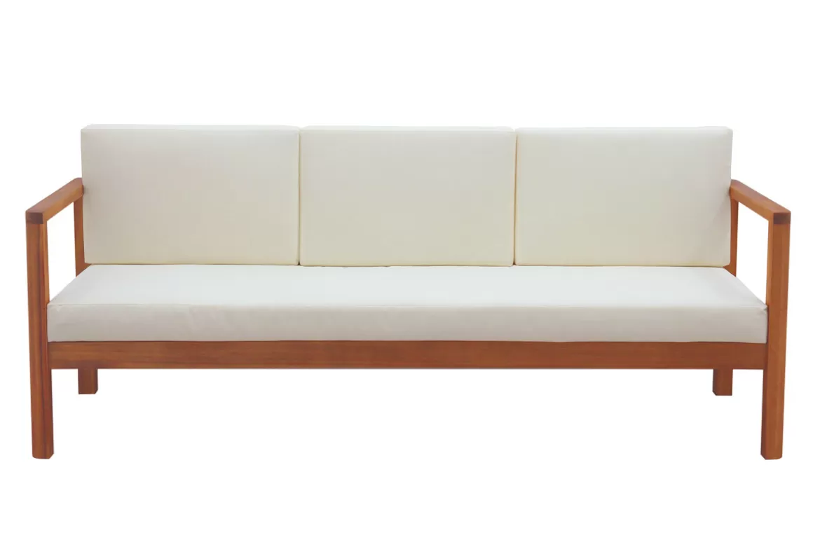 Miliboo Gartensofa 3-Sitzer Massivholz und beigefarbene Kissen L190 cm AKIS