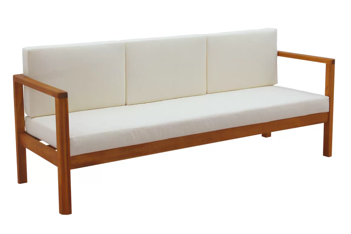 Miliboo Gartensofa 3-Sitzer Massivholz und beigefarbene Kissen L190 cm AKIS