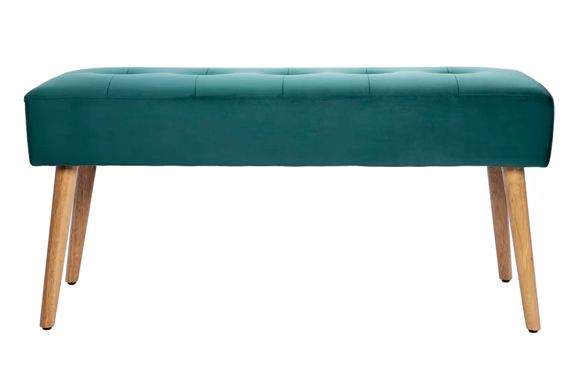 Miliboo Gepolsterte Bank aus petrolblauem Stoff mit Samteffekt und hellem Holz B95 cm GUESTA