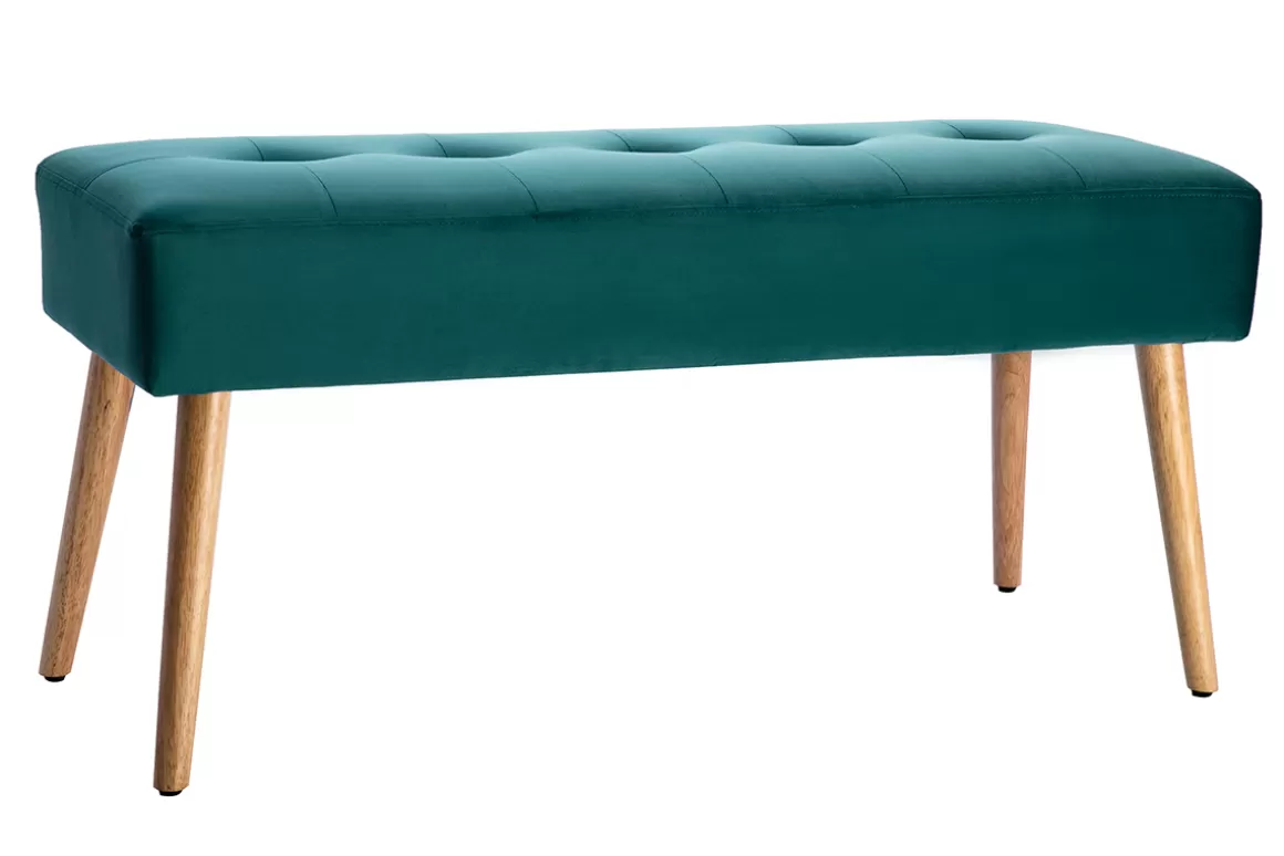 Miliboo Gepolsterte Bank aus petrolblauem Stoff mit Samteffekt und hellem Holz B95 cm GUESTA