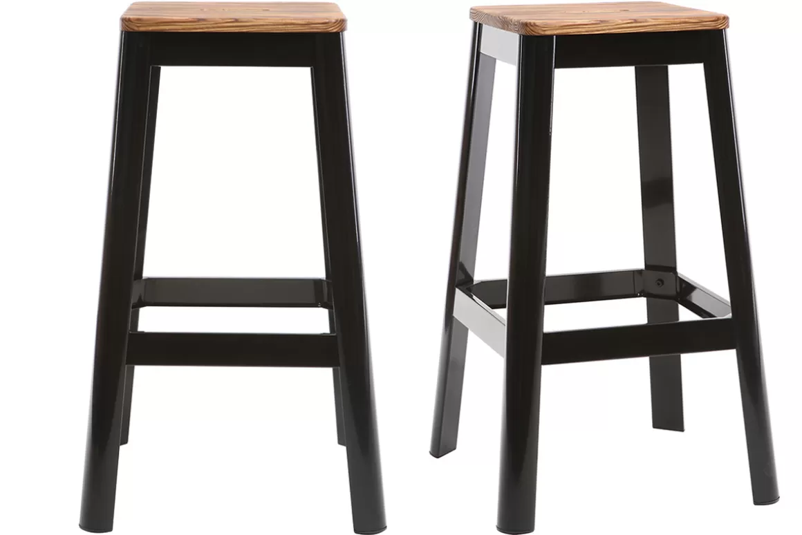 Miliboo Industrial-Barhocker aus schwarzem Metall und Holz H75 cm (2er-Pack) NICK