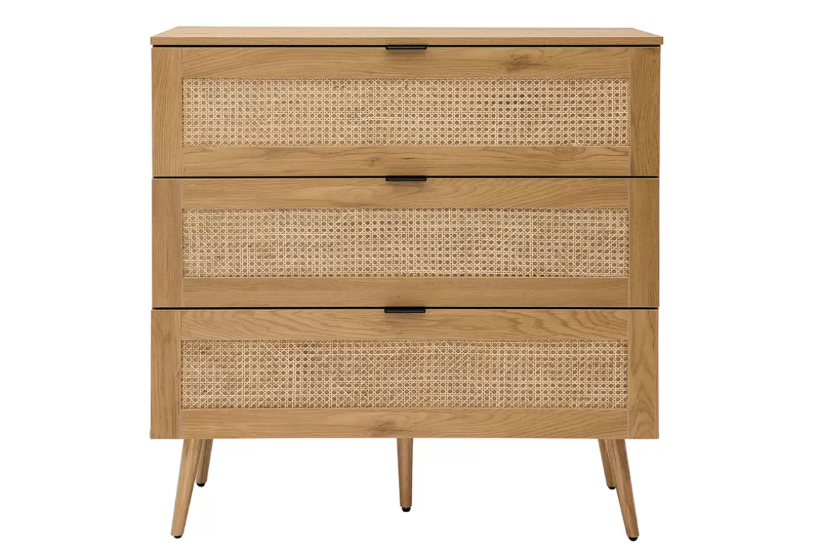 Miliboo Kommode aus hellem Holz, Rattangeflecht und schwarzem Metall 3 Schubladen L100 cm MANILLE