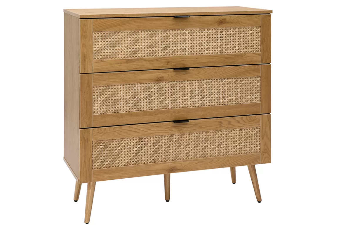 Miliboo Kommode aus hellem Holz, Rattangeflecht und schwarzem Metall 3 Schubladen L100 cm MANILLE