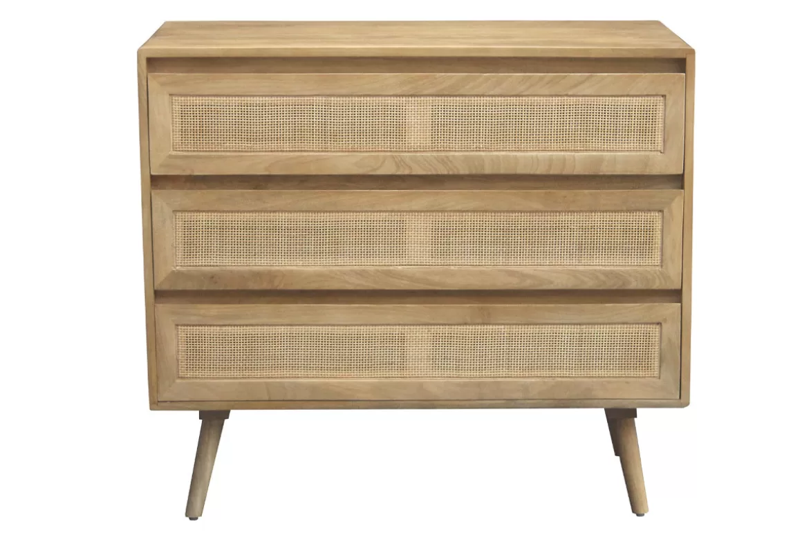 Miliboo Kommode aus massivem Mangoholz und Rattan-Rohrgeflecht 3 Schubladen B90 cm ACANGE