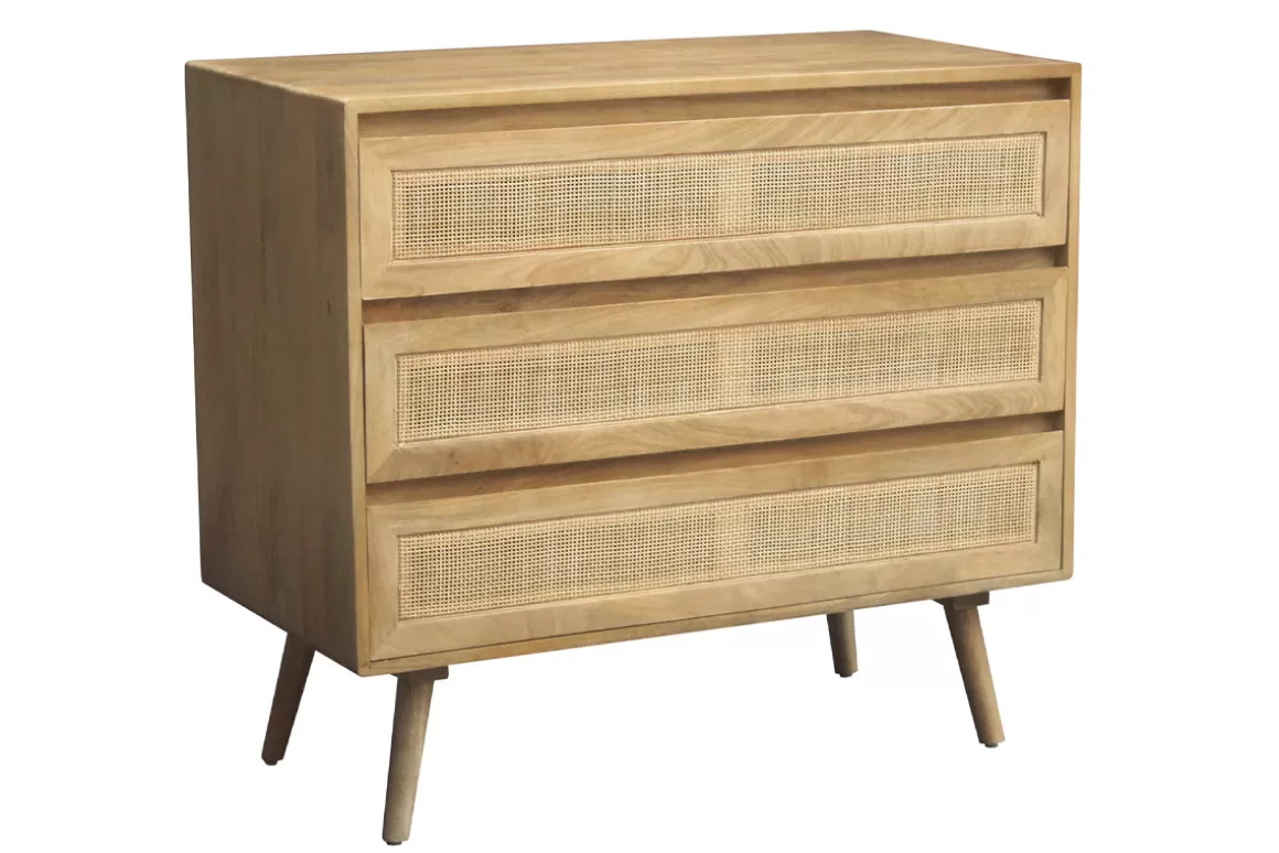 Miliboo Kommode aus massivem Mangoholz und Rattan-Rohrgeflecht 3 Schubladen B90 cm ACANGE