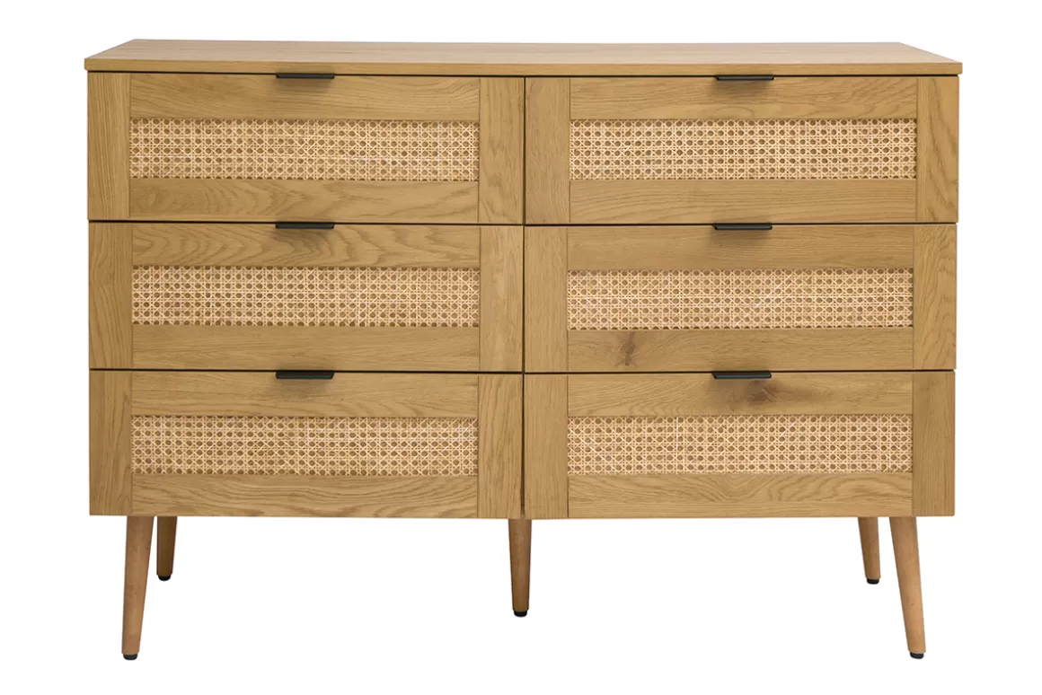 Miliboo Kommode mit heller Holzoberfläche, Rattan und schwarzem Metall, 3 Schubladen L120 cm MANILLE