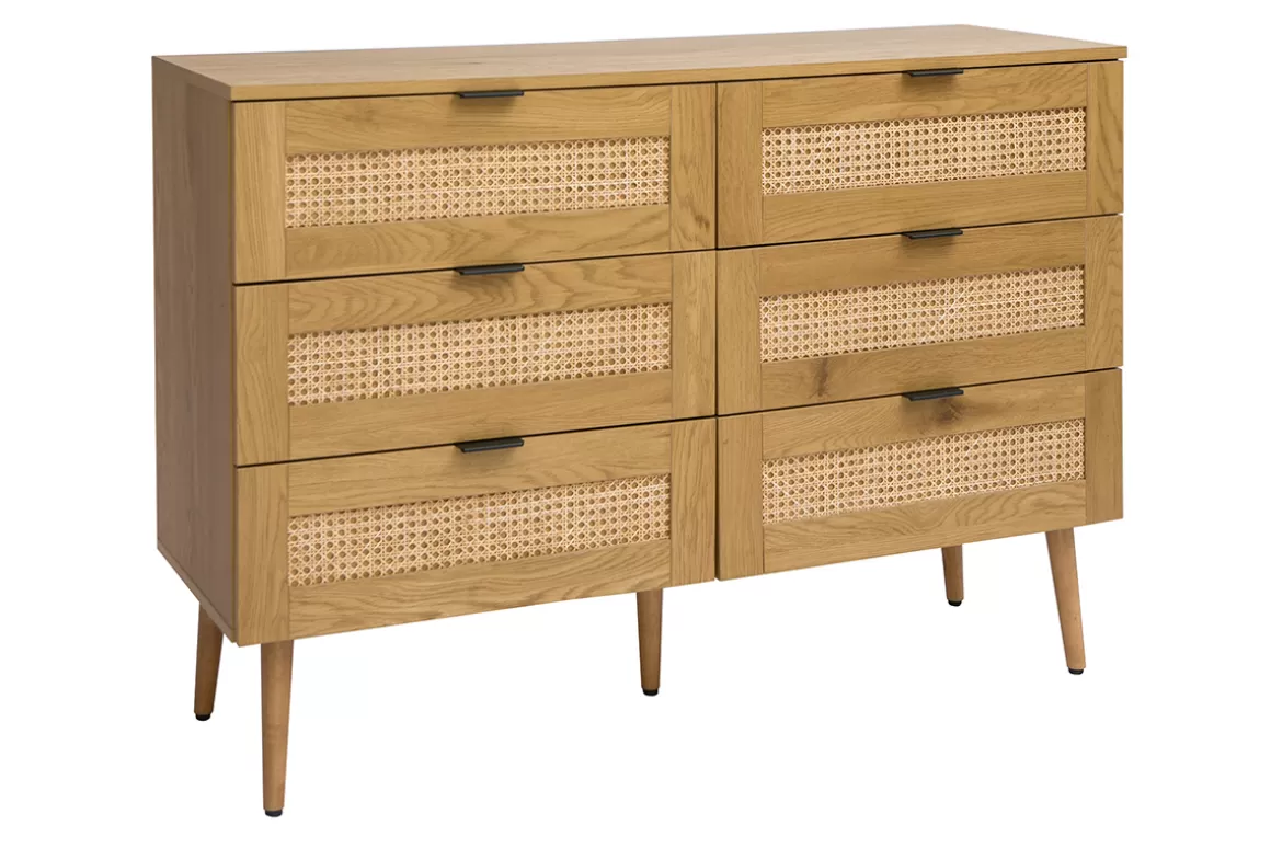 Miliboo Kommode mit heller Holzoberfläche, Rattan und schwarzem Metall, 3 Schubladen L120 cm MANILLE