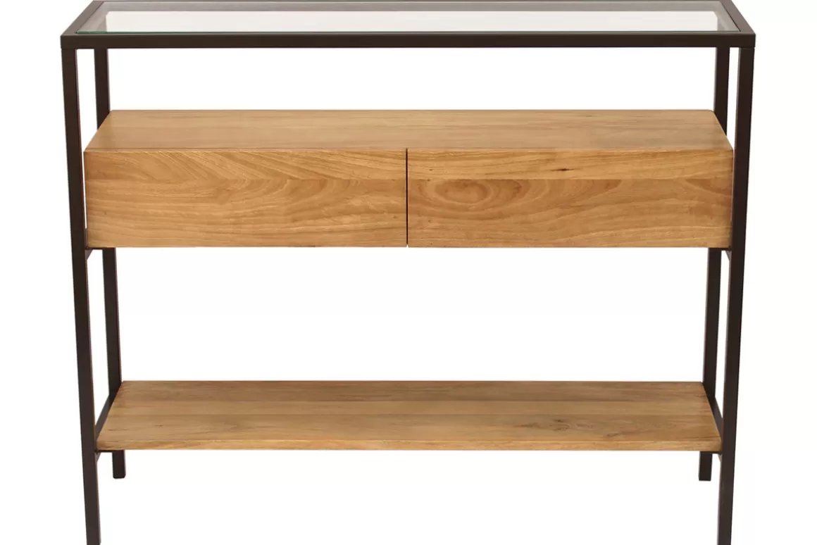 Miliboo Konsole aus massivem Mangoholz und Glasplatte 2 Schubladen B100 cm SITA