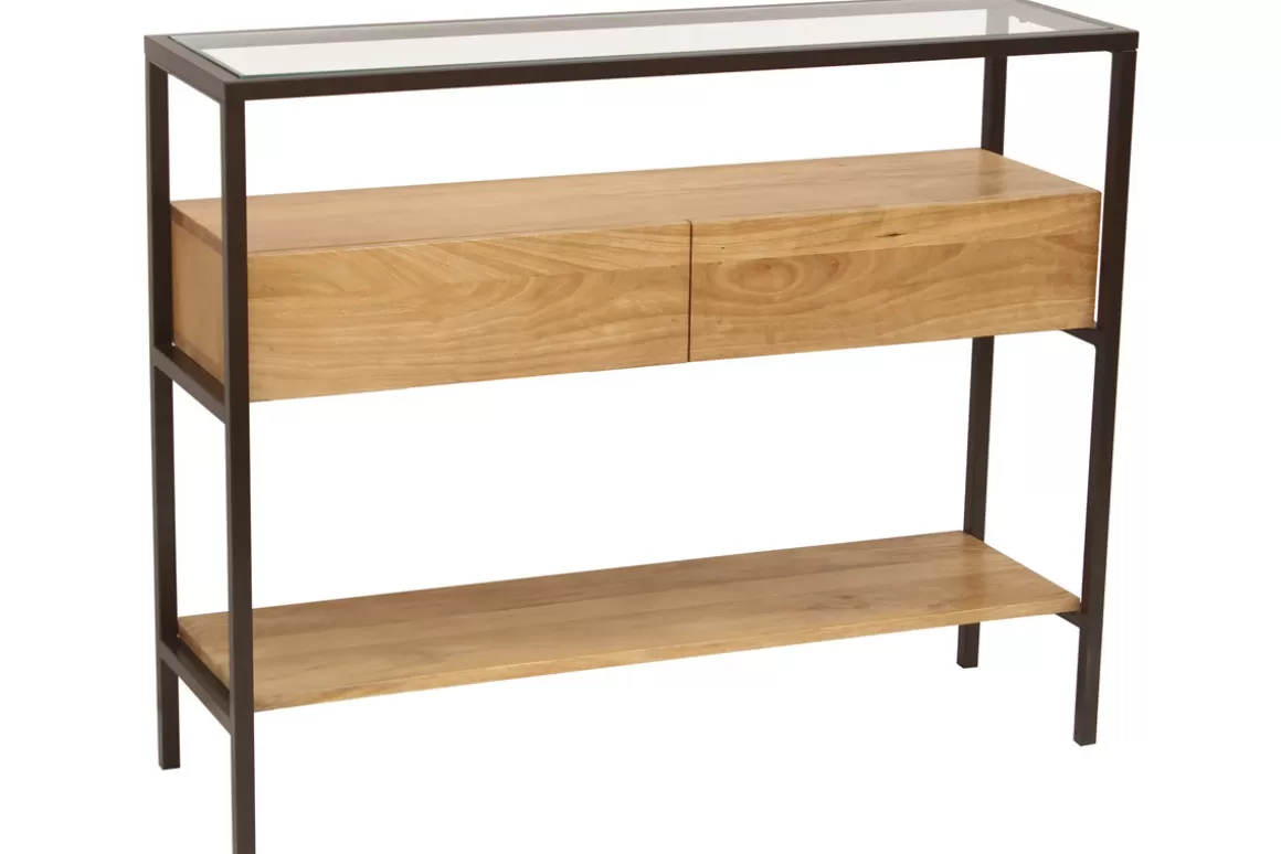 Miliboo Konsole aus massivem Mangoholz und Glasplatte 2 Schubladen B100 cm SITA