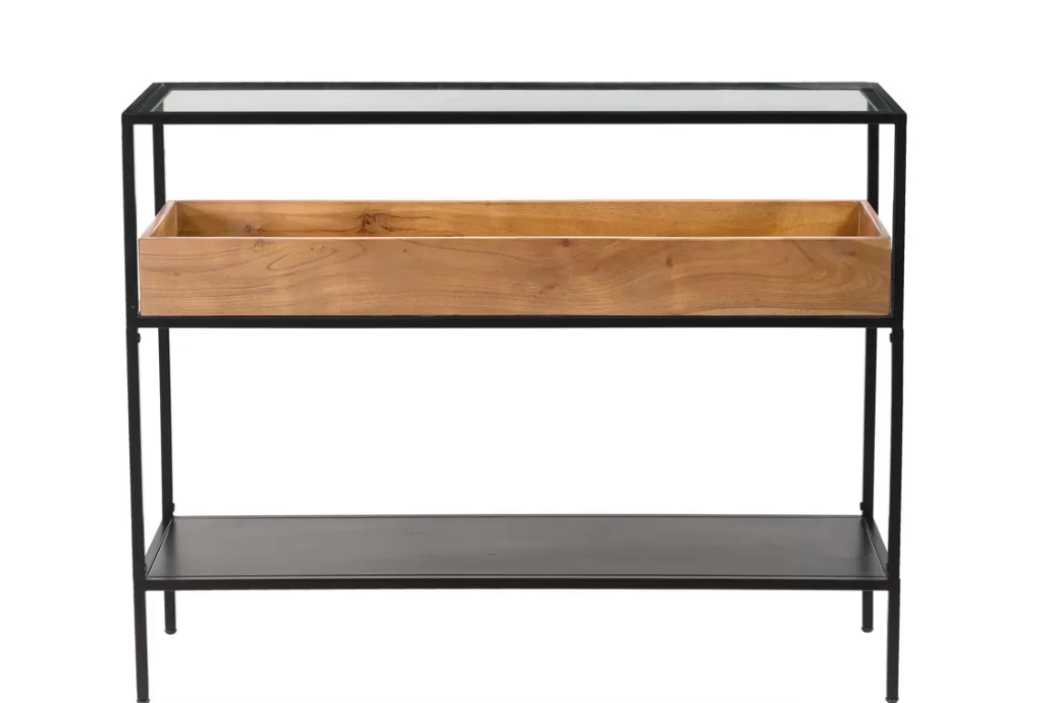 Miliboo Konsole aus schwarzem Metall mit Glasplatte und Fach aus Massivholz L100 cm HAORA