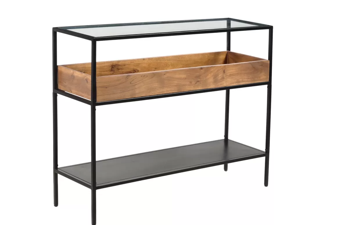 Miliboo Konsole aus schwarzem Metall mit Glasplatte und Fach aus Massivholz L100 cm HAORA