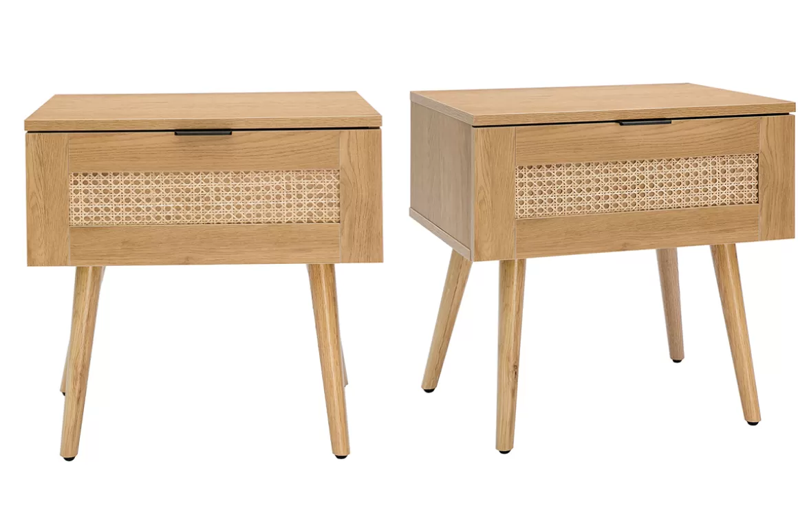 Miliboo Nachttische mit hellem Holzfinish, Rattangeflecht und schwarzem Metall L50cm (2er-Set) MANILLE