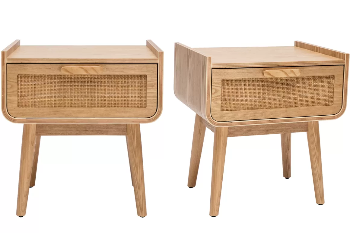 Miliboo Nachttische mit Schublade aus hellem Massivholz und Rattangeflecht B50 cm (2er-Set) ATHÈNE