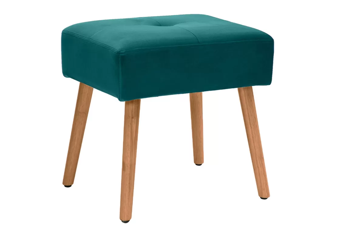 Miliboo Niedriger Hocker aus petrolblauem Veloursstoff und hellem, massivem Holz H46 cm GUESTA