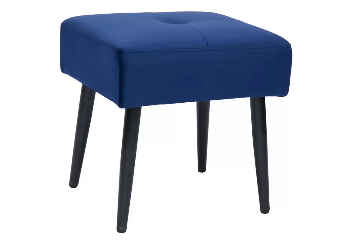 Miliboo Niedriger Hocker aus Stoff mit Samteffekt in Nachtblau und schwarzes Metall H46 cm GUESTA