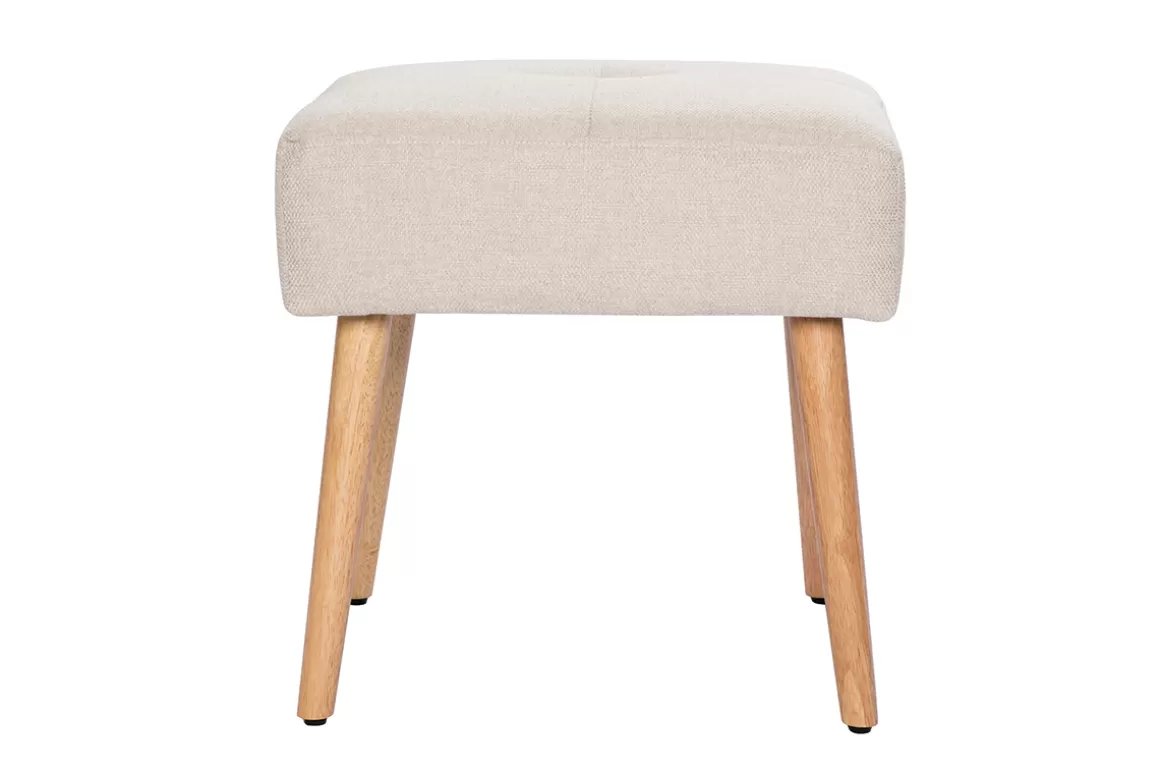 Miliboo Niedriger Hocker aus Stoff mit strukturiertem Samteffekt in Beige und hellem Massivholz H46 cm GUESTA