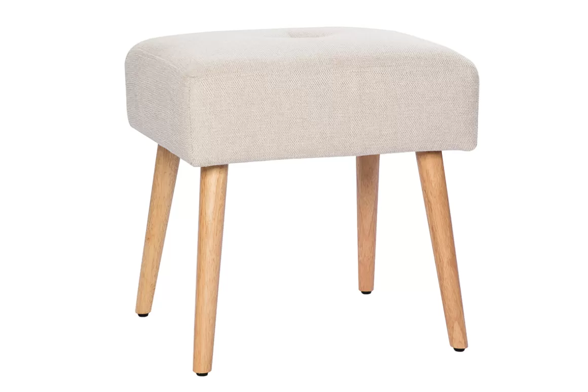 Miliboo Niedriger Hocker aus Stoff mit strukturiertem Samteffekt in Beige und hellem Massivholz H46 cm GUESTA