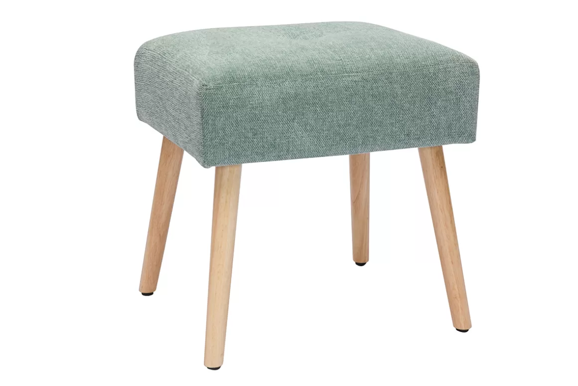 Miliboo Niedriger Hocker aus Stoff mit strukturiertem Samteffekt in Seladongrün und hellem Massivholz H46 cm GUESTA
