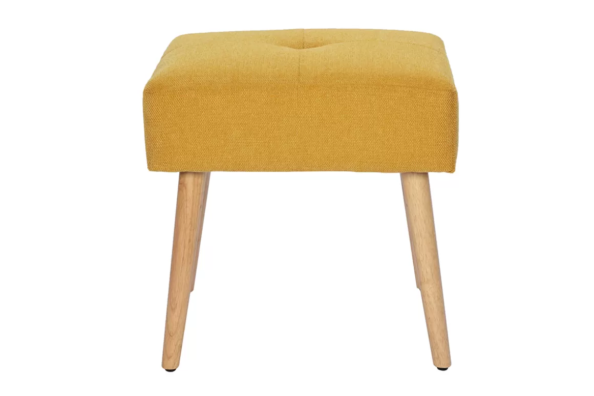 Miliboo Niedriger Hocker aus Stoff mit strukturiertem Samteffekt in Senfgelb und hellem Massivholz H46 cm GUESTA