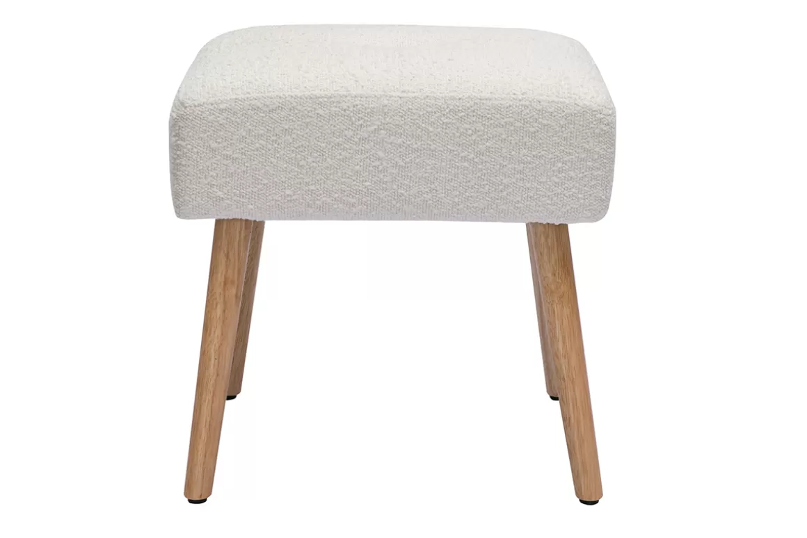 Miliboo Niedriger Hocker aus weißem Stoff mit Bouclé-Wolleffekt und hellem Massivholz H46 cm GUESTA