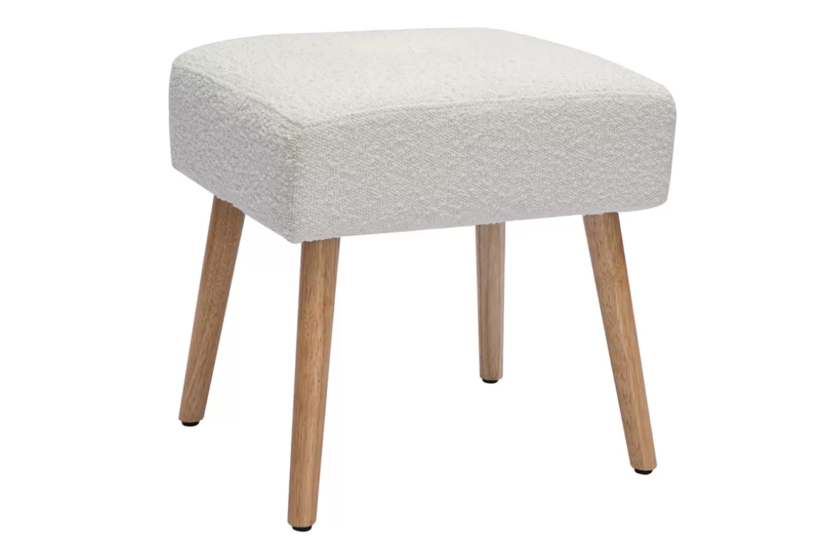 Miliboo Niedriger Hocker aus weißem Stoff mit Bouclé-Wolleffekt und hellem Massivholz H46 cm GUESTA