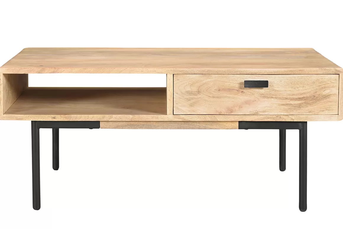 Miliboo Rechteckiger Couchtisch mit Stauraum 2 Schubladen aus hellem, massiven Mangoholz und schwarzem Metall B 100cm JUDE