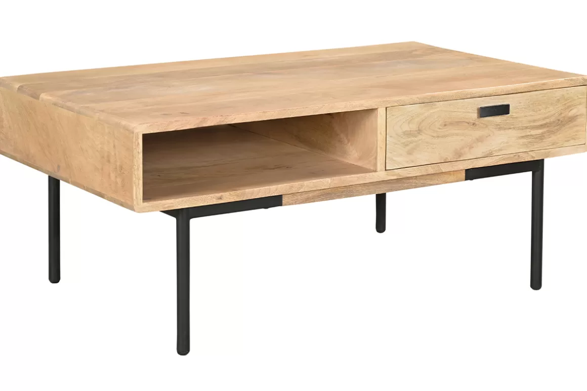 Miliboo Rechteckiger Couchtisch mit Stauraum 2 Schubladen aus hellem, massiven Mangoholz und schwarzem Metall B 100cm JUDE