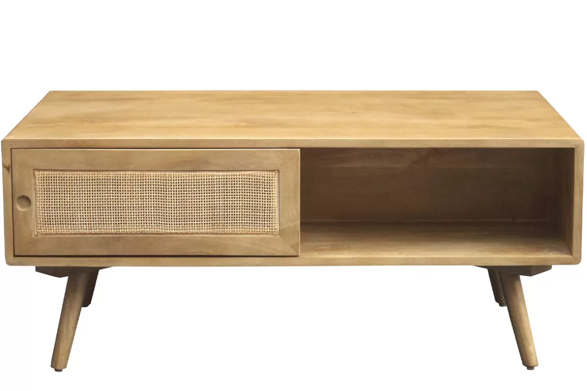 Miliboo Rechteckiger Couchtisch mit Stauraum aus massivem Mangoholz und Rattangeflecht B100 cm ACANGE