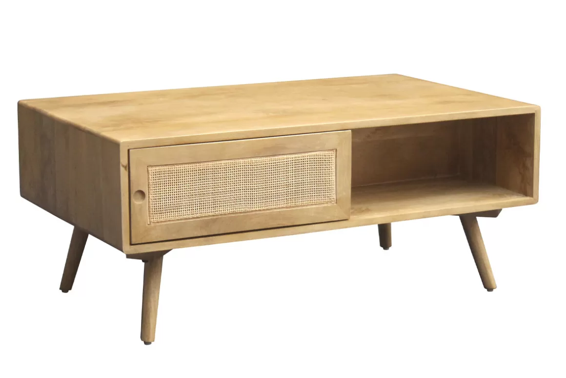 Miliboo Rechteckiger Couchtisch mit Stauraum aus massivem Mangoholz und Rattangeflecht B100 cm ACANGE