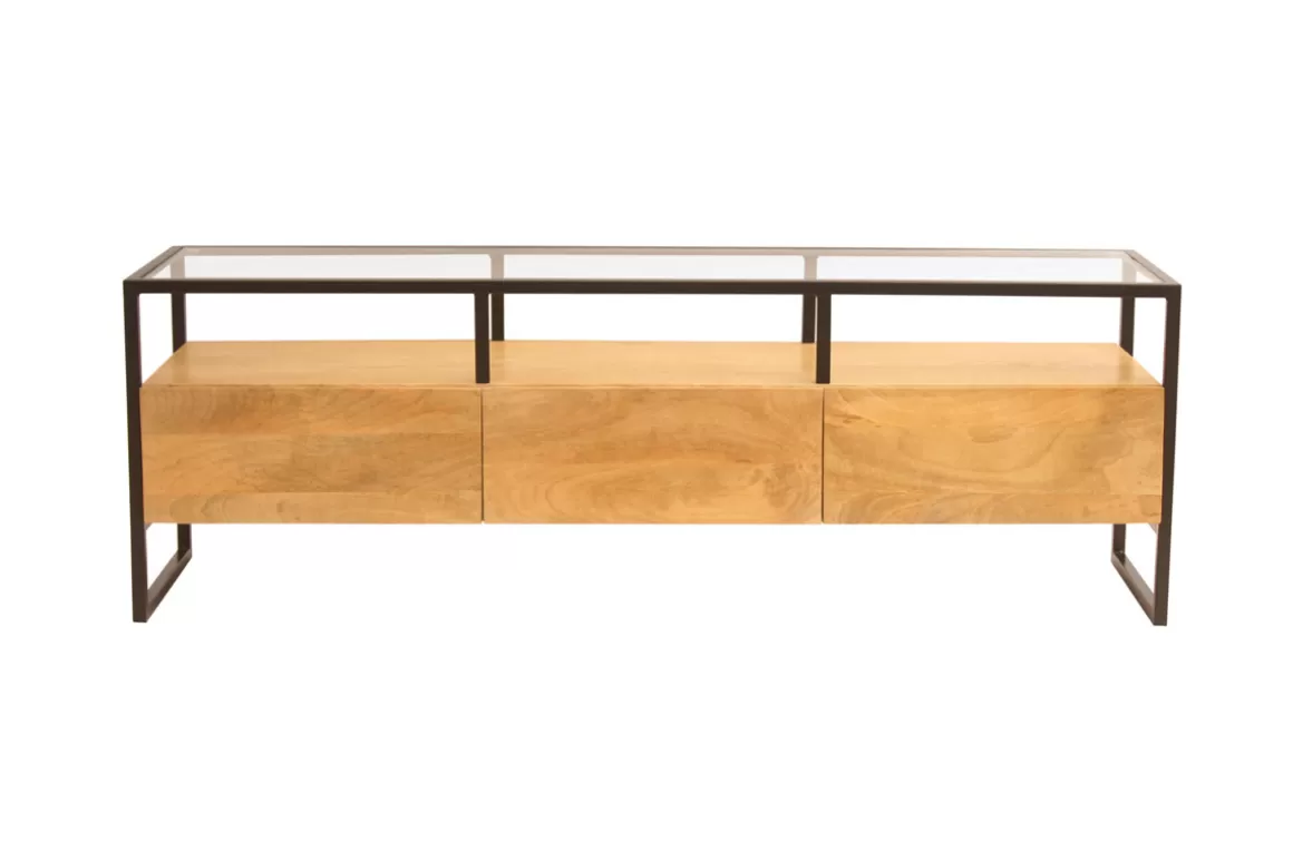 Miliboo Rechteckiges TV-Möbel mit Ablagefächern aus massivem Mangoholz, Glas und schwarzem Metall B150 cm DIYA