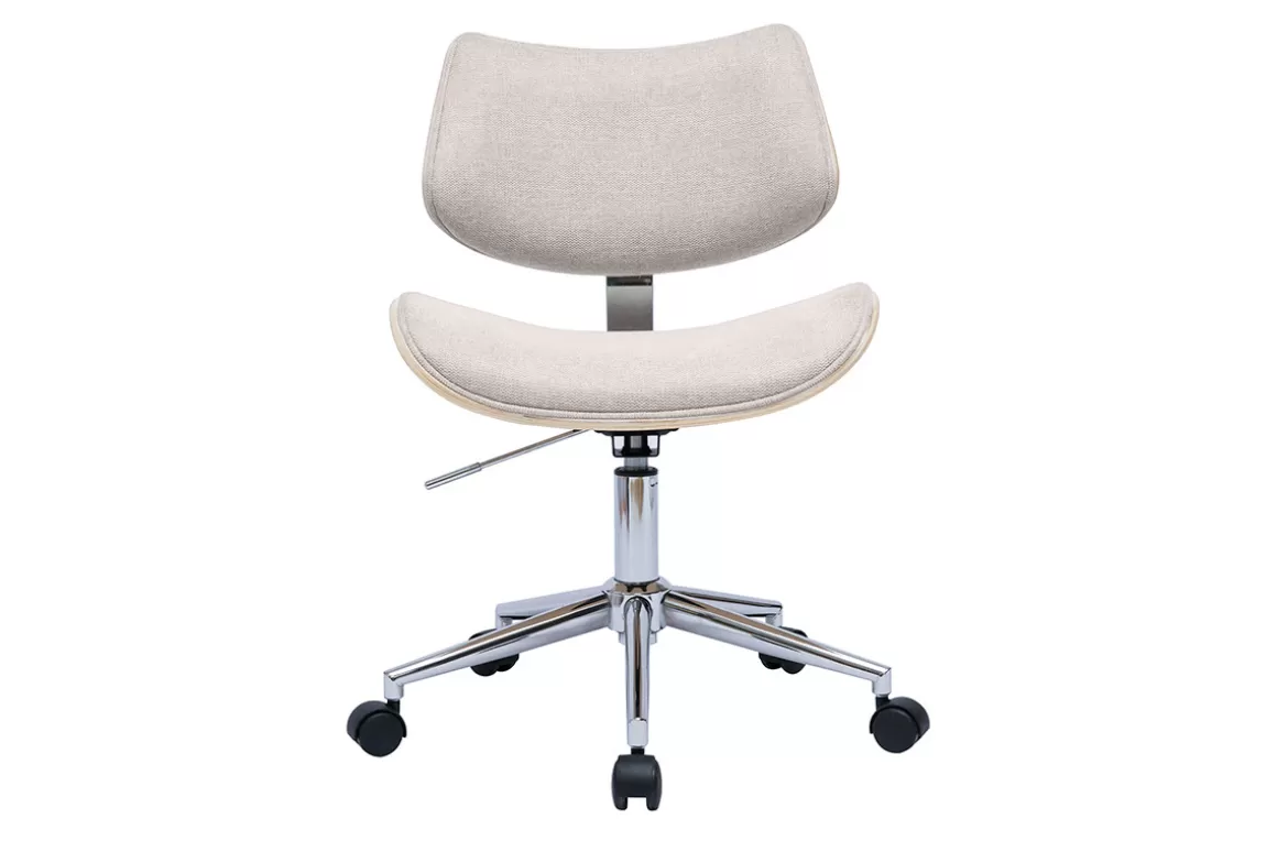 Miliboo Rollender Bürostuhl im Design aus Textur-Veloursstoff in Beige, helles Eichenholz und Metall MALMO