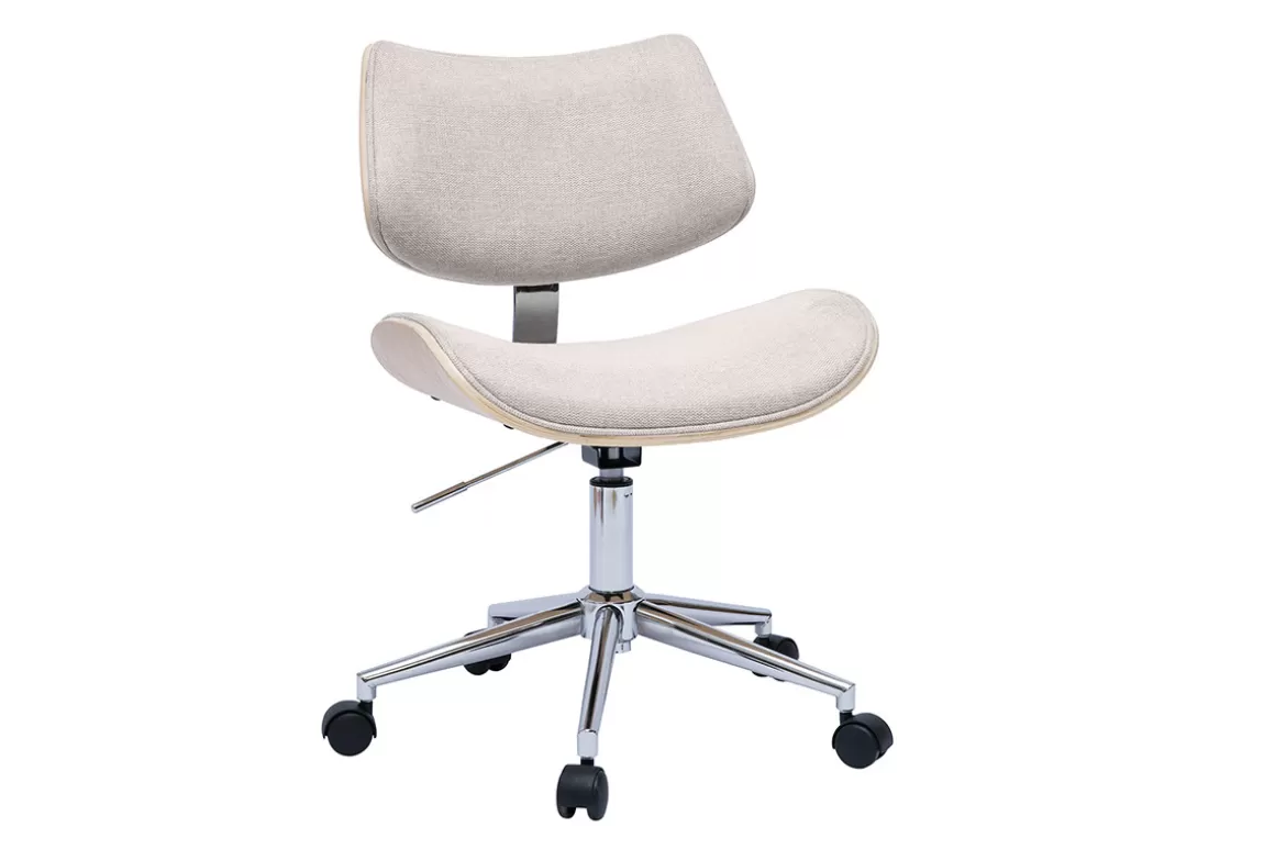 Miliboo Rollender Bürostuhl im Design aus Textur-Veloursstoff in Beige, helles Eichenholz und Metall MALMO