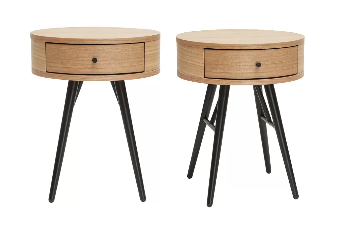 Miliboo Runde Nachttische mit Schublade aus hellem Holz und schwarzem Metall D41 cm (2er-Set) KORAL