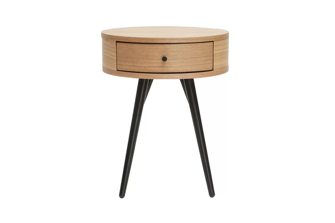 Miliboo Runde Nachttische mit Schublade aus hellem Holz und schwarzem Metall D41 cm (2er-Set) KORAL