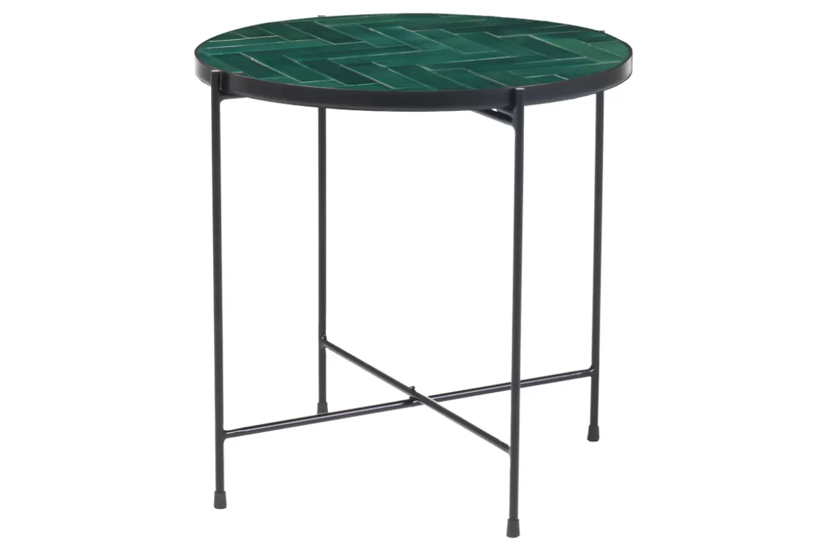Miliboo Runder Couchtisch aus dunkelgrüner Keramik und schwarzem Metall D50 cm KOTTA