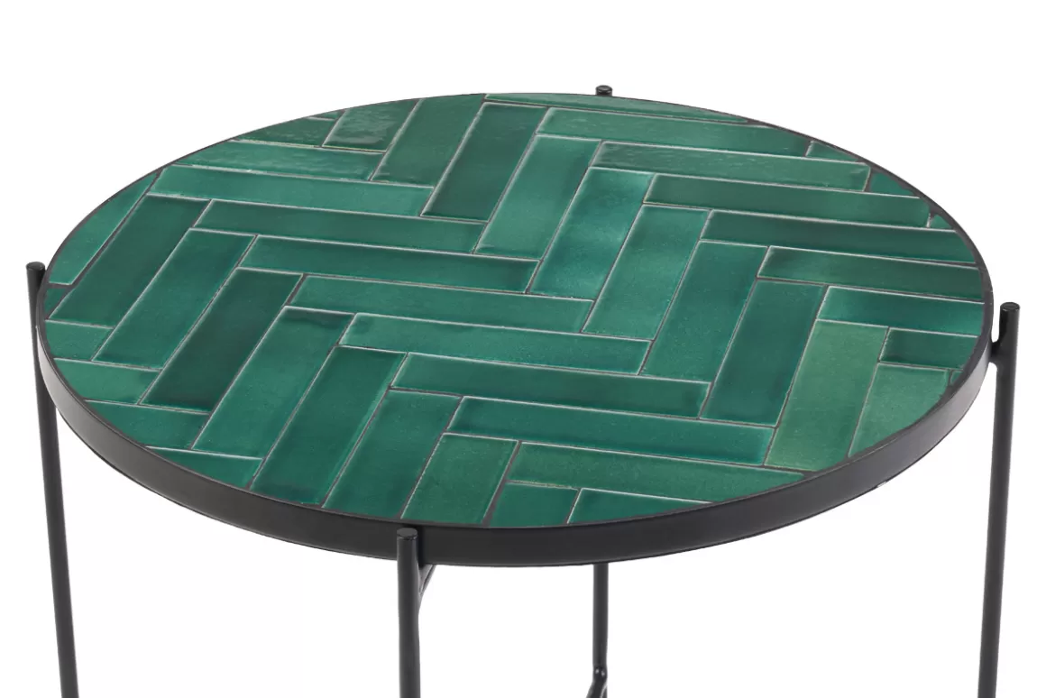 Miliboo Runder Couchtisch aus dunkelgrüner Keramik und schwarzem Metall D50 cm KOTTA