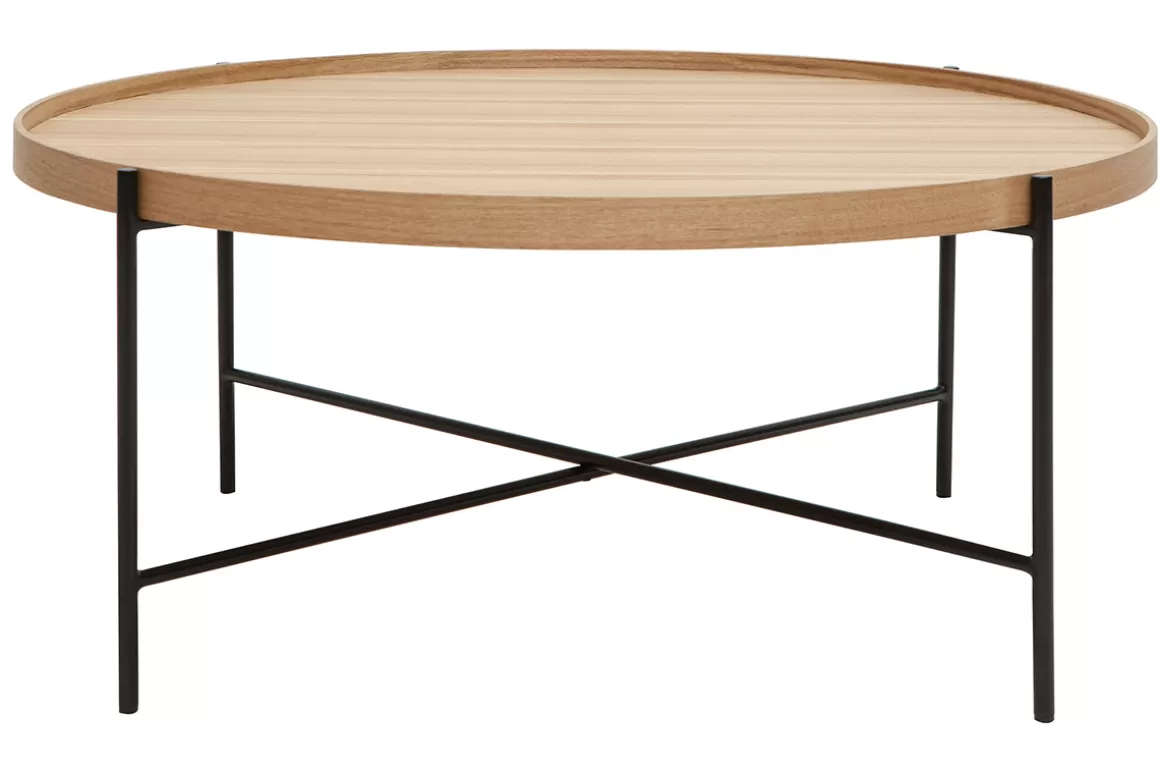 Miliboo Runder Couchtisch aus hellem Holz und schwarzem Metall D90 cm BASSY