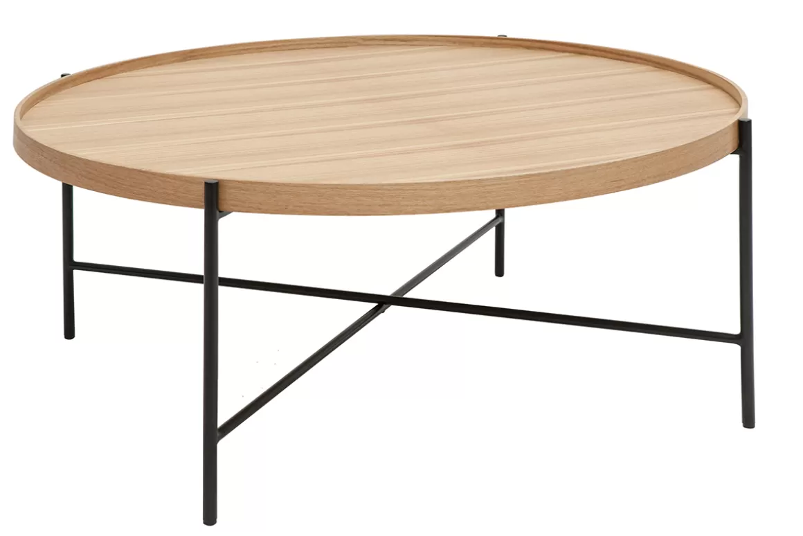 Miliboo Runder Couchtisch aus hellem Holz und schwarzem Metall D90 cm BASSY