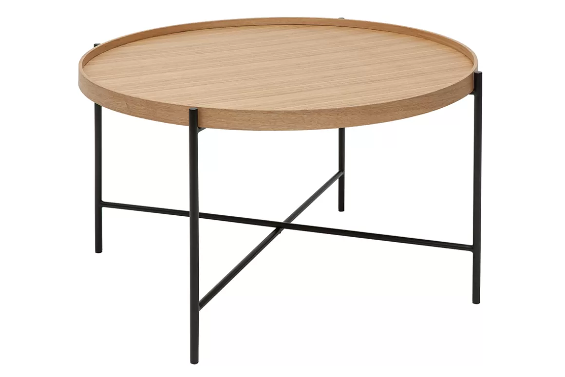 Miliboo Runder Couchtisch aus hellem Holz und schwarzem Metall D75 cm BASSY