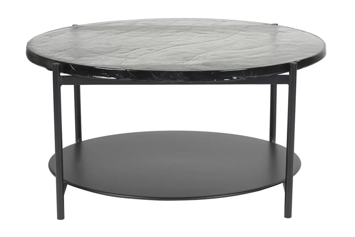 Miliboo Runder Couchtisch mit zwei Tischplatten aus recyceltem Glas und schwarzem Metall D85 cm WELLE