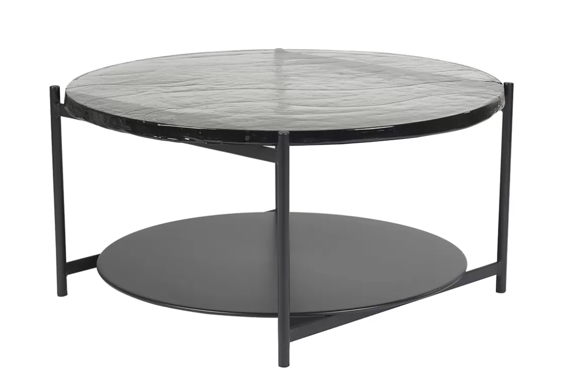 Miliboo Runder Couchtisch mit zwei Tischplatten aus recyceltem Glas und schwarzem Metall D85 cm WELLE