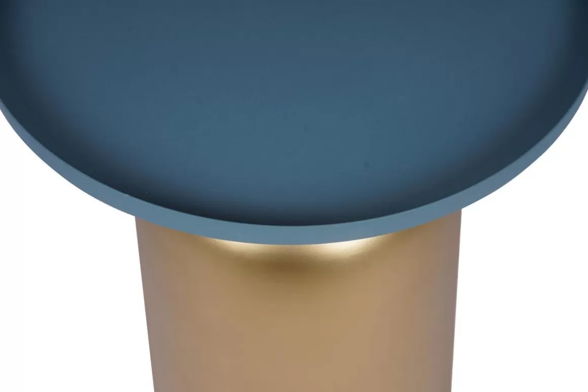 Miliboo Runder Design-Beistelltisch aus Metall goldfarben mit matter petrolblauer Tischplatte RAMSES