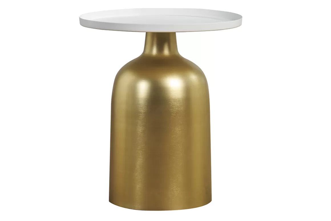 Miliboo Runder Design-Beistelltisch aus Metall goldfarben mit mattweißer Tischplatte RAMSES