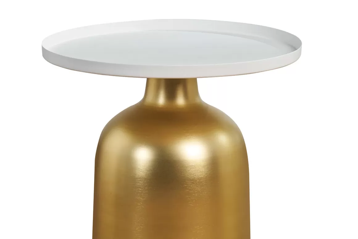 Miliboo Runder Design-Beistelltisch aus Metall goldfarben mit mattweißer Tischplatte RAMSES
